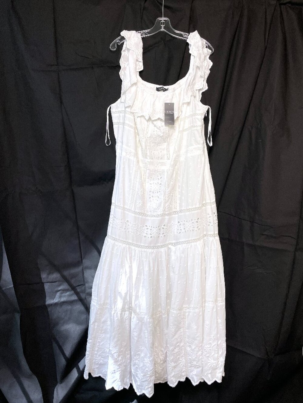 NWT Lauren Ralph Lauren White Cotton Eyelet Ruffle Tiered Maxi Dress Plus Size 2
